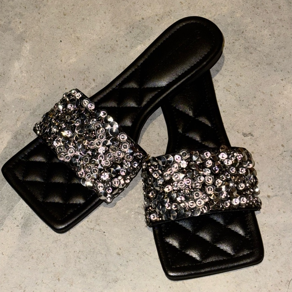 Embellished Flat Square Sandals Sequin Crystal